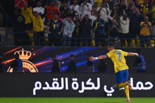 Cristiano Ronaldo celebrates after scoring for Al-Nassr against Al-Okhdood in November 2023,