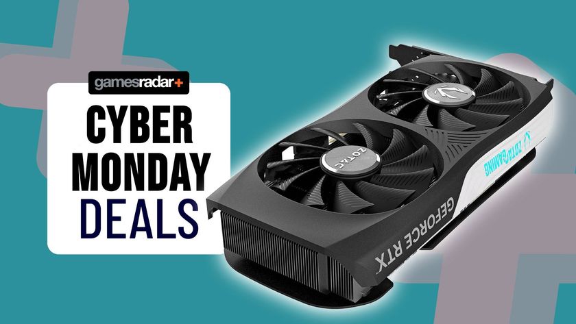 Zotac RTX 4070 GPU with teal backdrop and Cyber Monday Deal badge off to the left