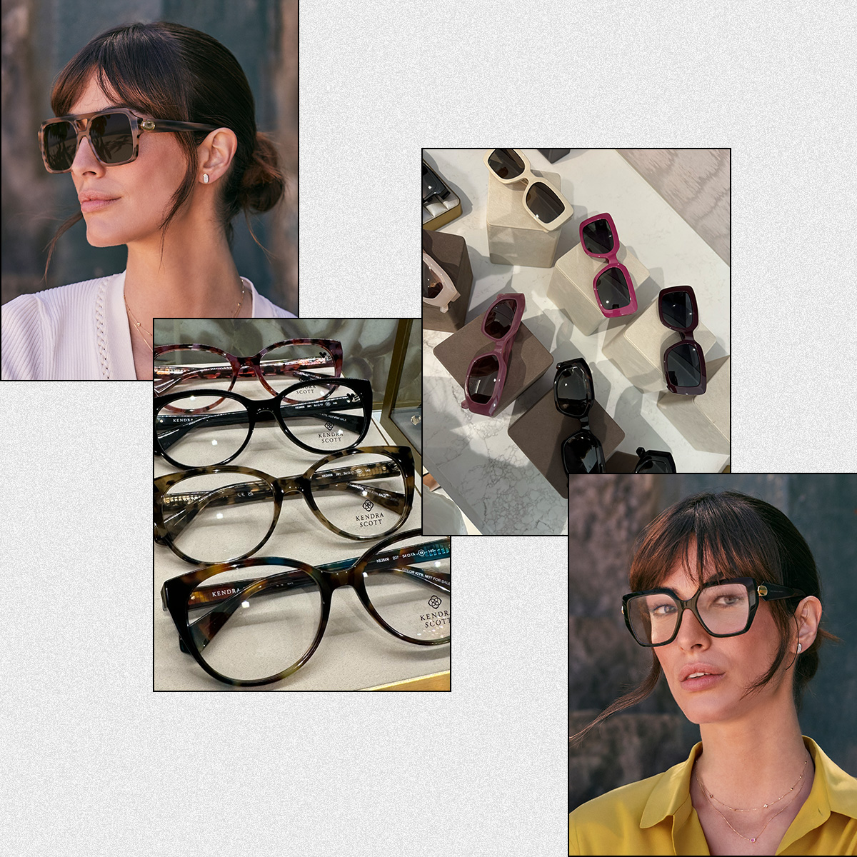 A collage of kendra scott's new eyewear collection.