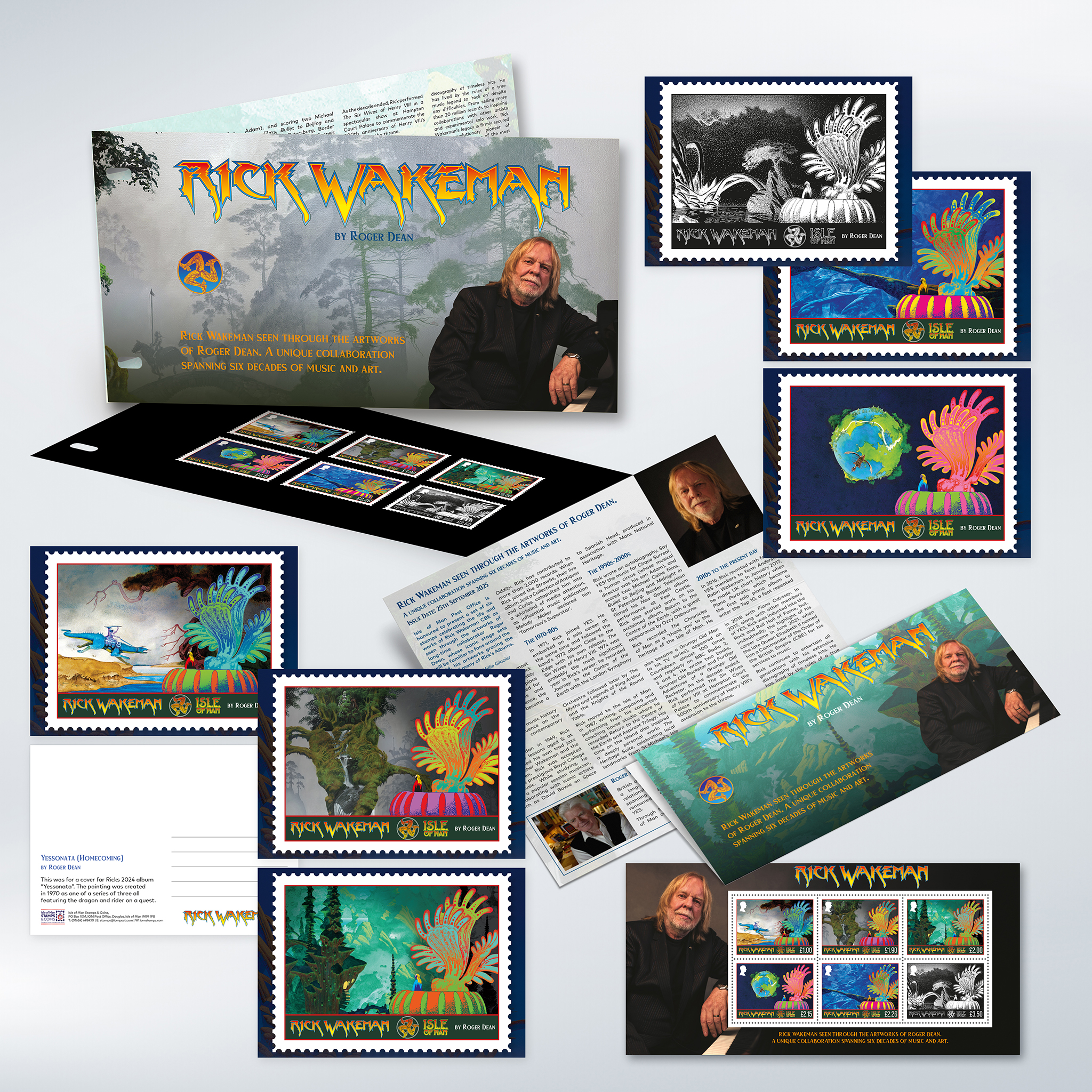 Rick Wakeman Isle of Man Stamps &amp;amp; Coins stamp set designed by Roger Dean