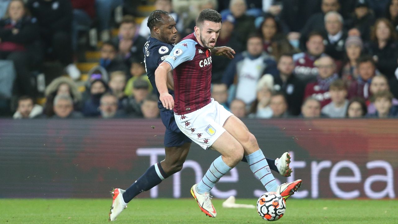 Aston Villa&#039;s John McGinn and West Ham United&#039;s Michail Antonio during the Premier League match between Aston Villa and West Ham United