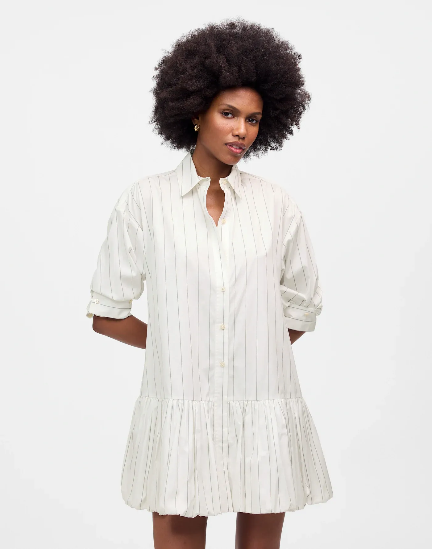MW, Bubble-Hem Mini Shirtdress in Pinstripe Poplin
