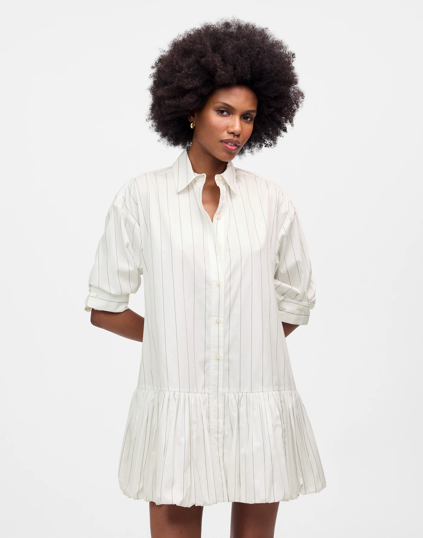MW, Bubble-Hem Mini Shirtdress in Pinstripe Poplin