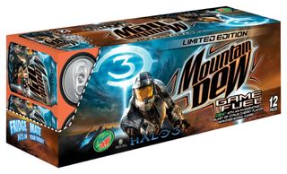 A case of Mountain Dew Game Fuel, prominently featuring the Halo man, from Halo.