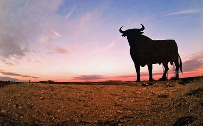 Landscape in Spain. A figure with the shape of a bull emerges in the sunset.