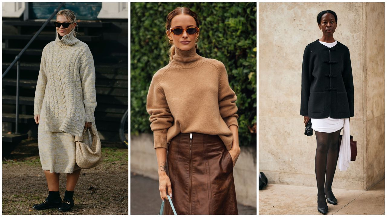 woman wearing turtleneck sweater and skirt, woman wearing turtleneck sweater and leather skirt, woman wearing white dress and black cardigan 