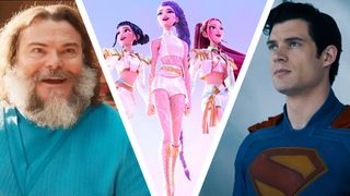 A collage of Jack Black in A Minecraft Movie, Huntrix in Kpop Demon Hunters, and Clark Kent in Superman