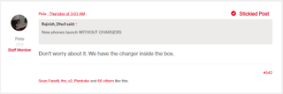 OnePlus Forums comment from CEO Pete Lau indicating the OnePlus 9 will include a charger in the box.