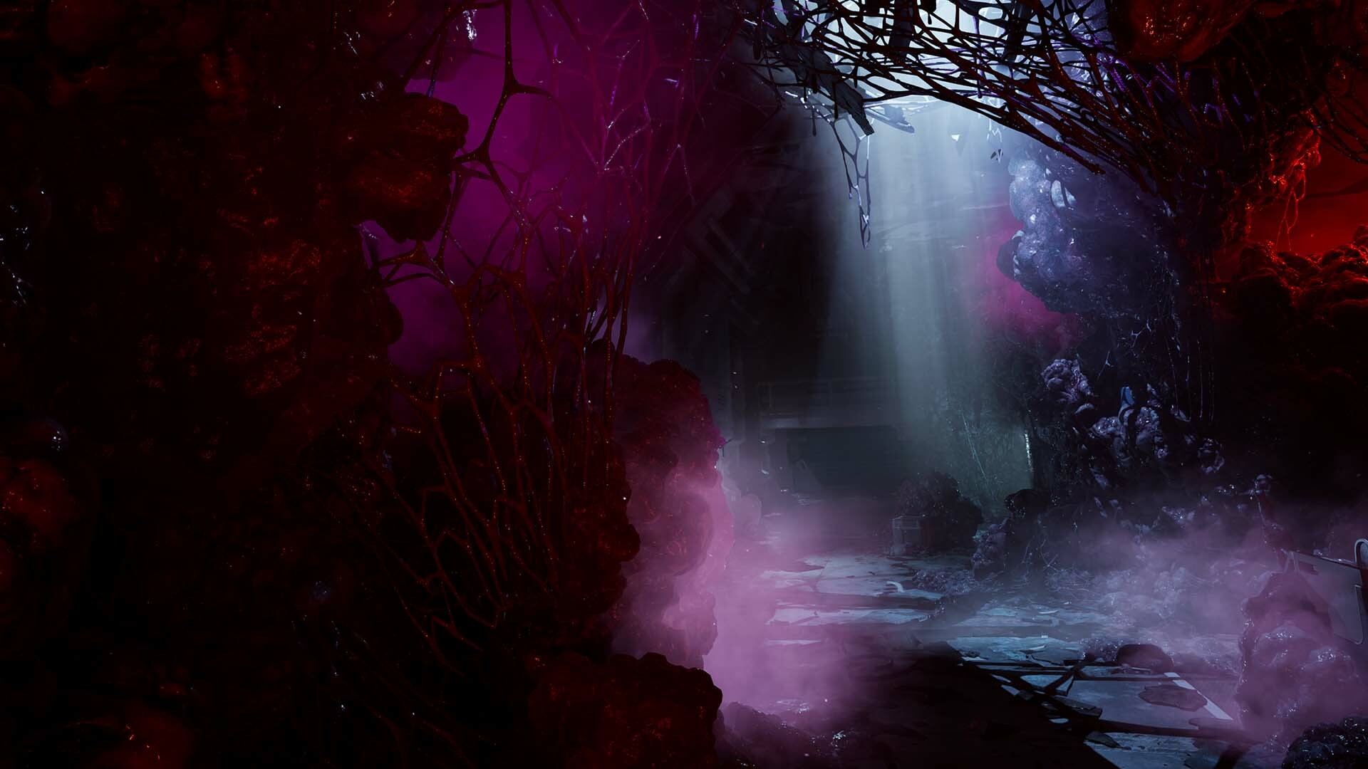 An alien planet scene showing a webbed growth and a pink mist, with a beam of light shining through a gap in the canopy.