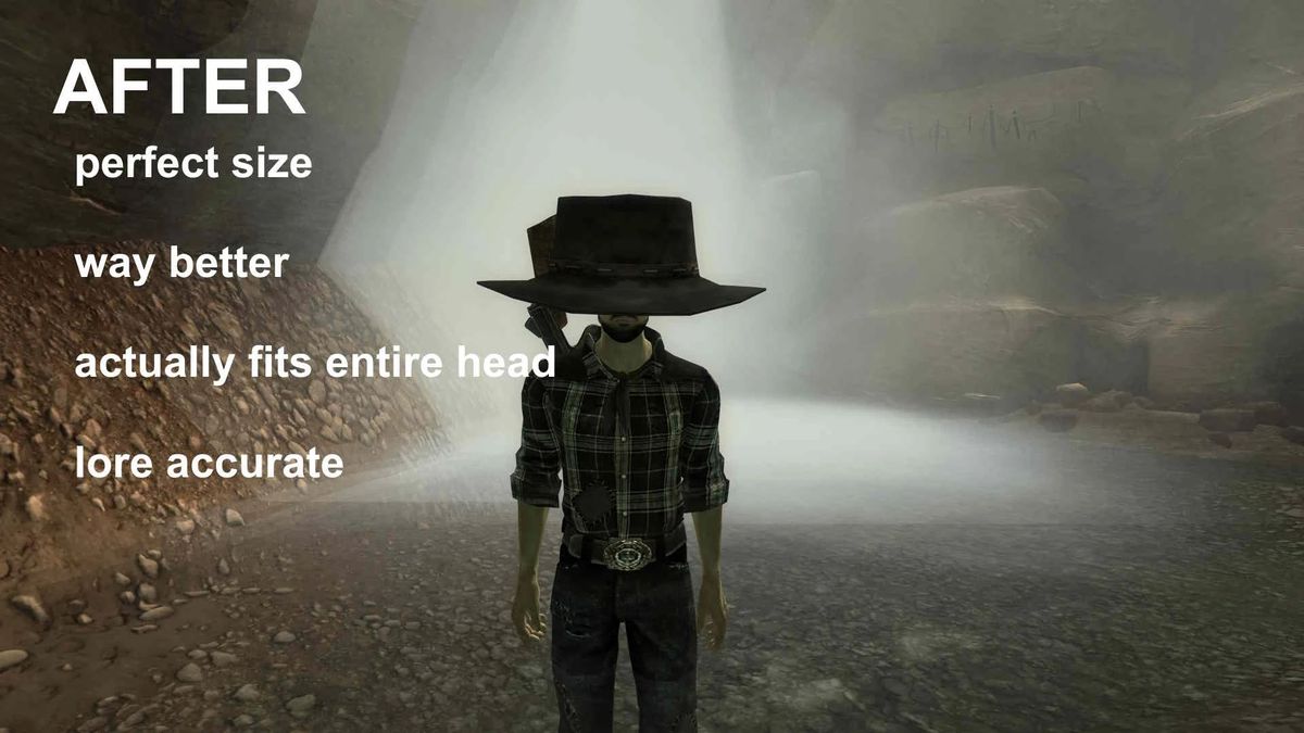 An 'after' slide from Daniel's Hat Unfitted, showing a hat large enough to engulf a human body.