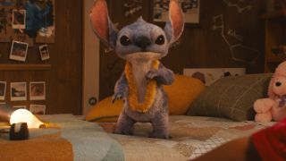 Stitch stands calmly on Lilo's bed while wearing a lei in Lilo & Stitch.