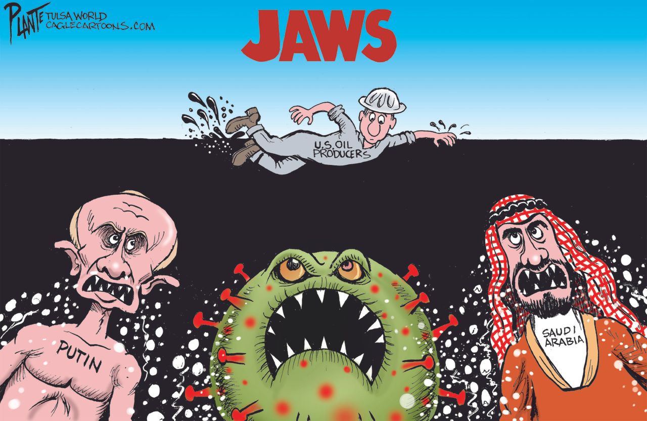 Editorial Cartoon U.S. oil producers jaws putin saudi arabia coronavirus