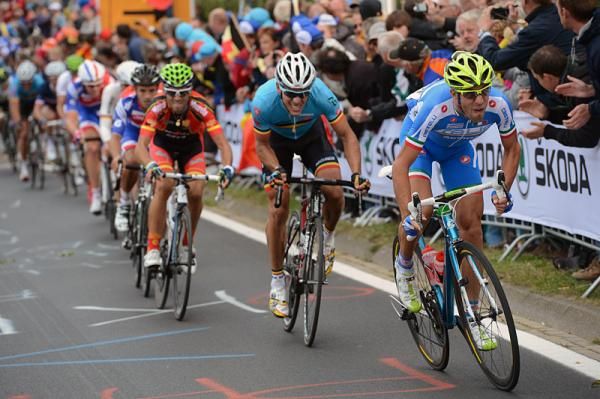 Vincenzo Nibali (Italy) on the final ascent of the Cauberg with Philippe Gilbert (Belgium) ready to pounce.
