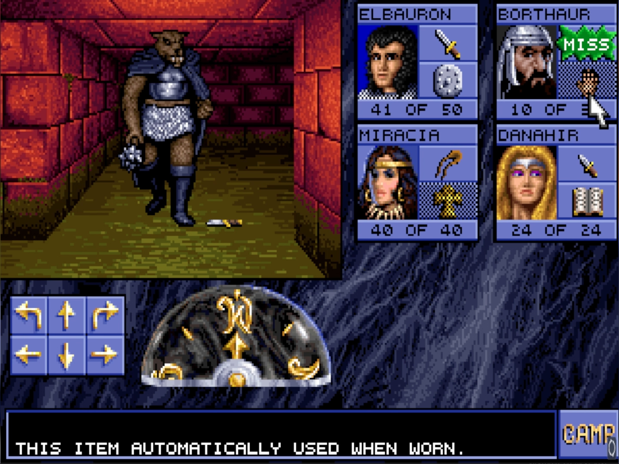 In Eye of the Beholder, an enemy wolfman emerges from a red-bricked corridor.