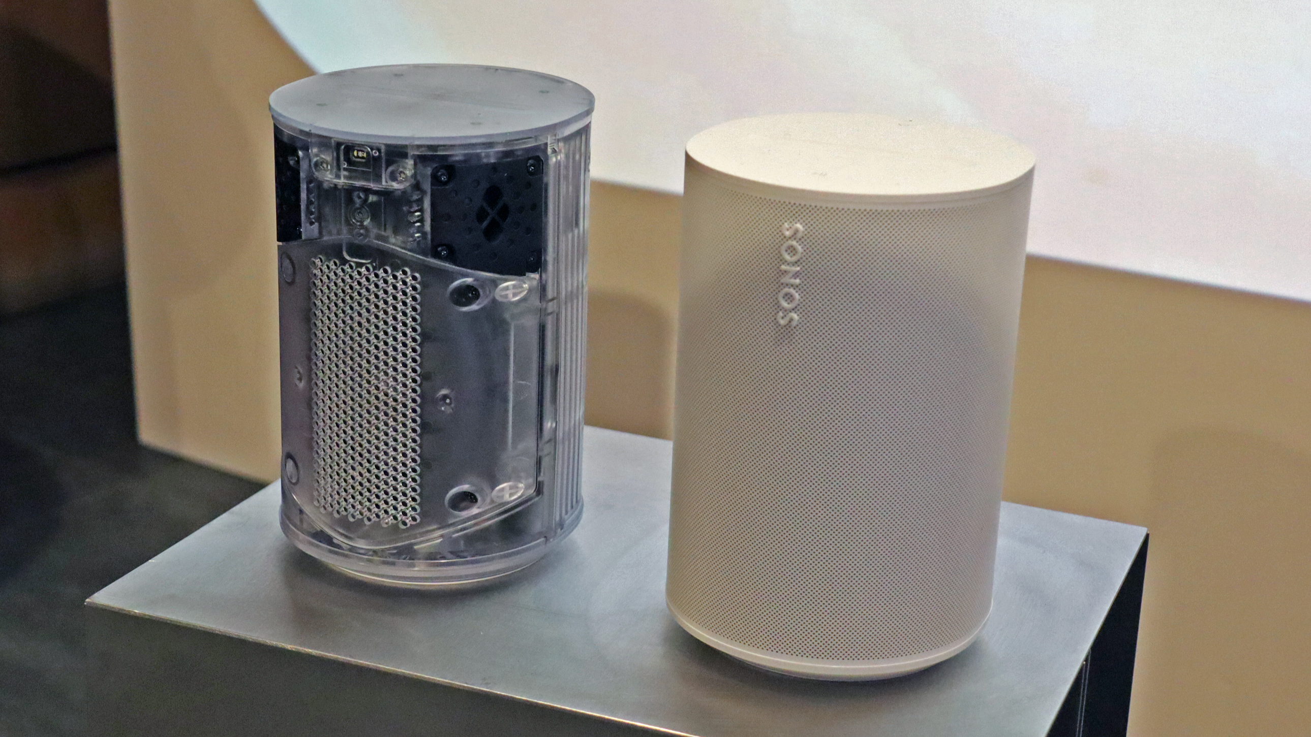 Sonos Era 100 speaker with the body removed, exposing the speaker components