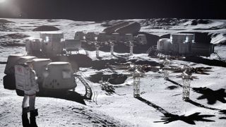 A conceptual image of a moon base with buildings and astronauts