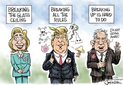 Political cartoon U.S. 2016 Election Donald Trump Hillary Clinton Bernie Sanders