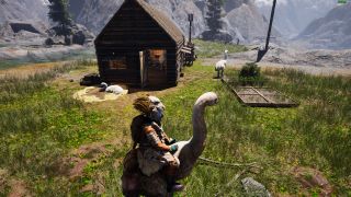 A person sitting on a giant bird near a wood cabin with other large birds nearby