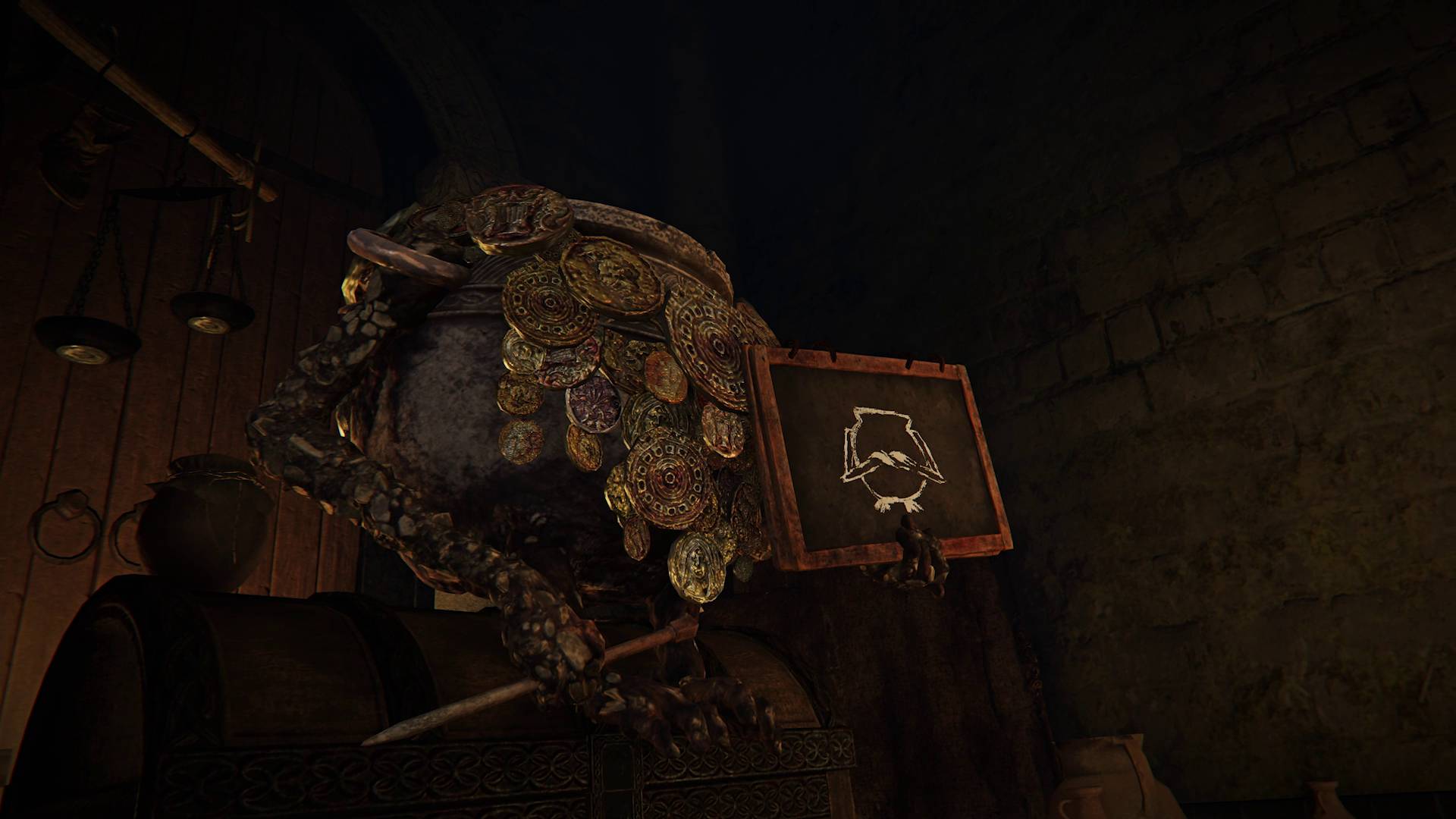 Elden Ring: Nightreign screenshot of the Jar Merchant in the Roundtable base holding a sign for its store