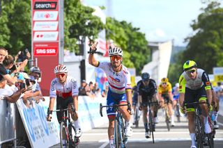 GRENCHEN, SWITZERLAND - JUNE 14: Peter Sagan of Slovakia and Team Total Energies celebrates at finish line as stage winner ahead of (L-R) Bryan Coquard of France and Team Cofidis and Alexander Kristoff of Norway and Team IntermarchÃ© - Wanty - Gobert MatÃ©riaux during the 85th Tour de Suisse 2022 - Stage 3 a 176,9km stage from Aesch to Grenchen / #ourdesuisse2022 / #WorldTour / on June 14, 2022 in Grenchen, Switzerland. (Photo by Tim de Waele/Getty Images)