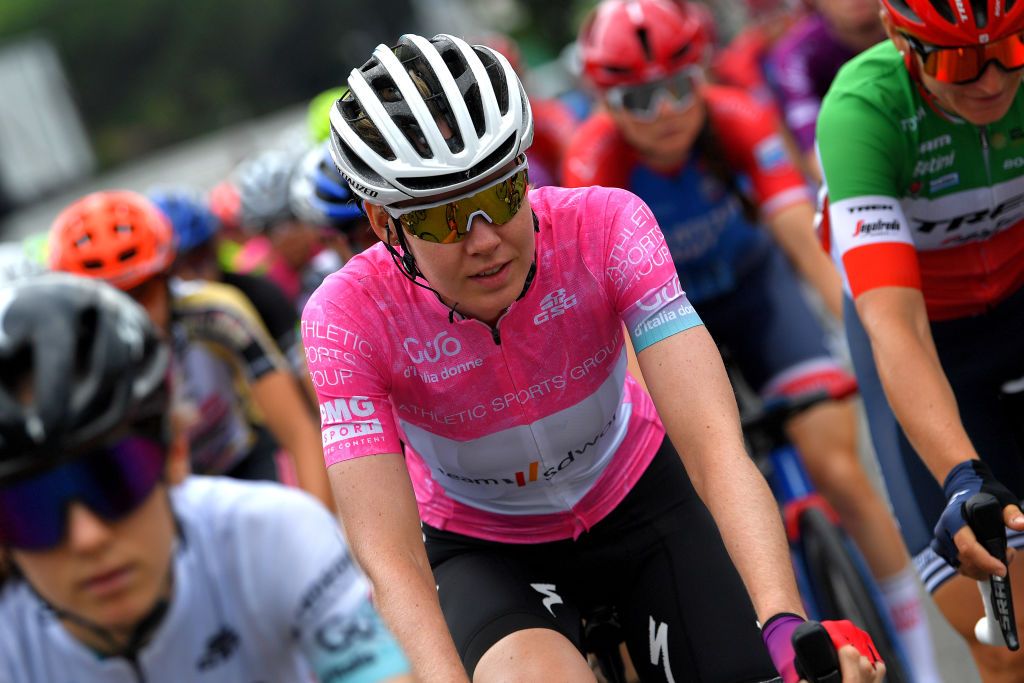 COLICO ITALY JULY 07 Anna Van Der Breggen of Netherlands and Team SD Worx Pink Leader Jersey during the 32nd Giro dItalia Internazionale Femminile 2021 Stage 6 a 155km stage from Colico to Colico GiroDonne UCIWWT on July 07 2021 in Colico Italy Photo by Luc ClaessenGetty Images