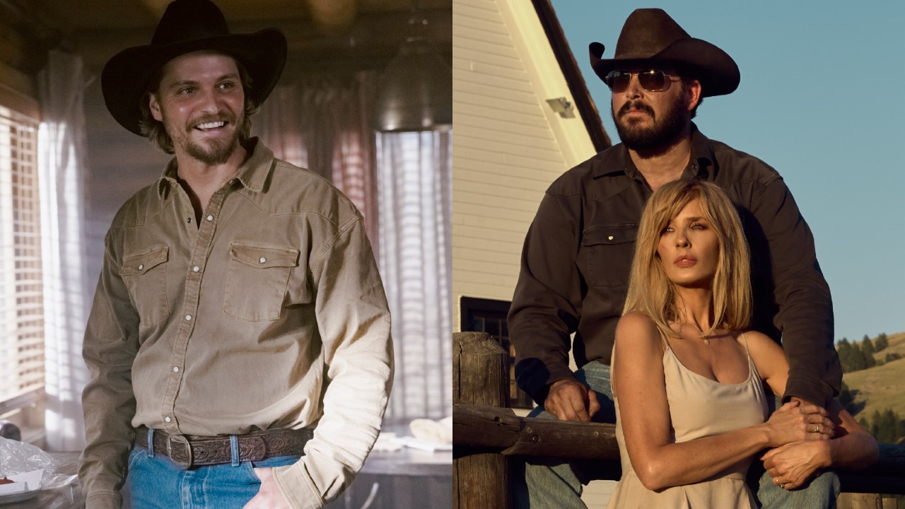 From left to right: Luke Grimes as Kayce, smiling in Marshals and Cole Hauser sitting on a fence with Kelly Reilly standing below him in Yellowstone.