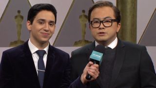 Marcello Hern&aacute;ndez and Bowen Yang during a cold open on Saturday Night Live for the Oscars red carpet.