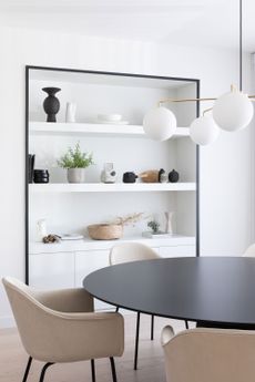 scandi styled shelves in a dining room