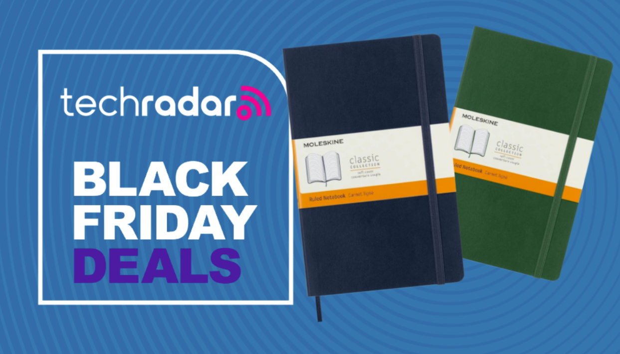 A blue and a green Moleskine notebook on a blue background next to a TechRadar badge reading 'Black Friday deals'