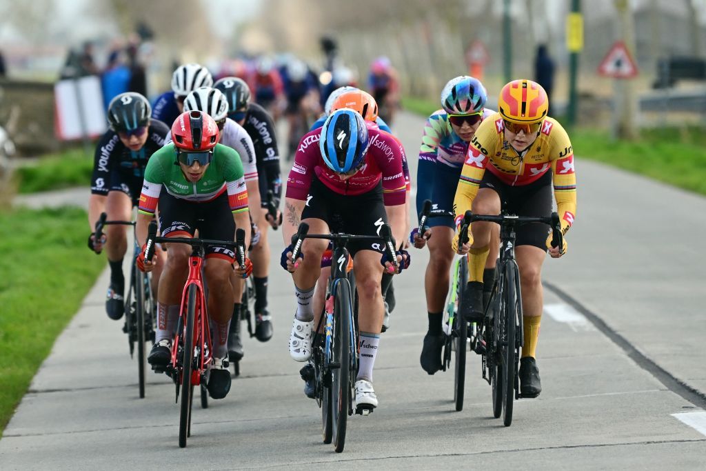 Italian Elisa Balsamo of TrekSegafredo Danish Amalie Dideriksen of UnoX Pro Cycling Team Belgian Julie De Wilde of FenixDeceuninck Maike Van Der Duin of CanyonSRAM French Clara Copponi of FDJSuez British Alice Barnes of Human Powered Health Austrian Christina Schweinberger of FenixDeceuninck British Pfeiffer Georgi of Team DSM Belgian Shari Bossuyt of CanyonSRAM and Dutch Lorena Wiebes of SD Worx pictured in action during the womens elite race of the Classic BruggeDe Panne oneday cycling race 1595 km from Brugge to De Panne Thursday 23 March 2023 BELGA PHOTO DIRK WAEM Photo by DIRK WAEM BELGA MAG Belga via AFP Photo by DIRK WAEMBELGA MAGAFP via Getty Images