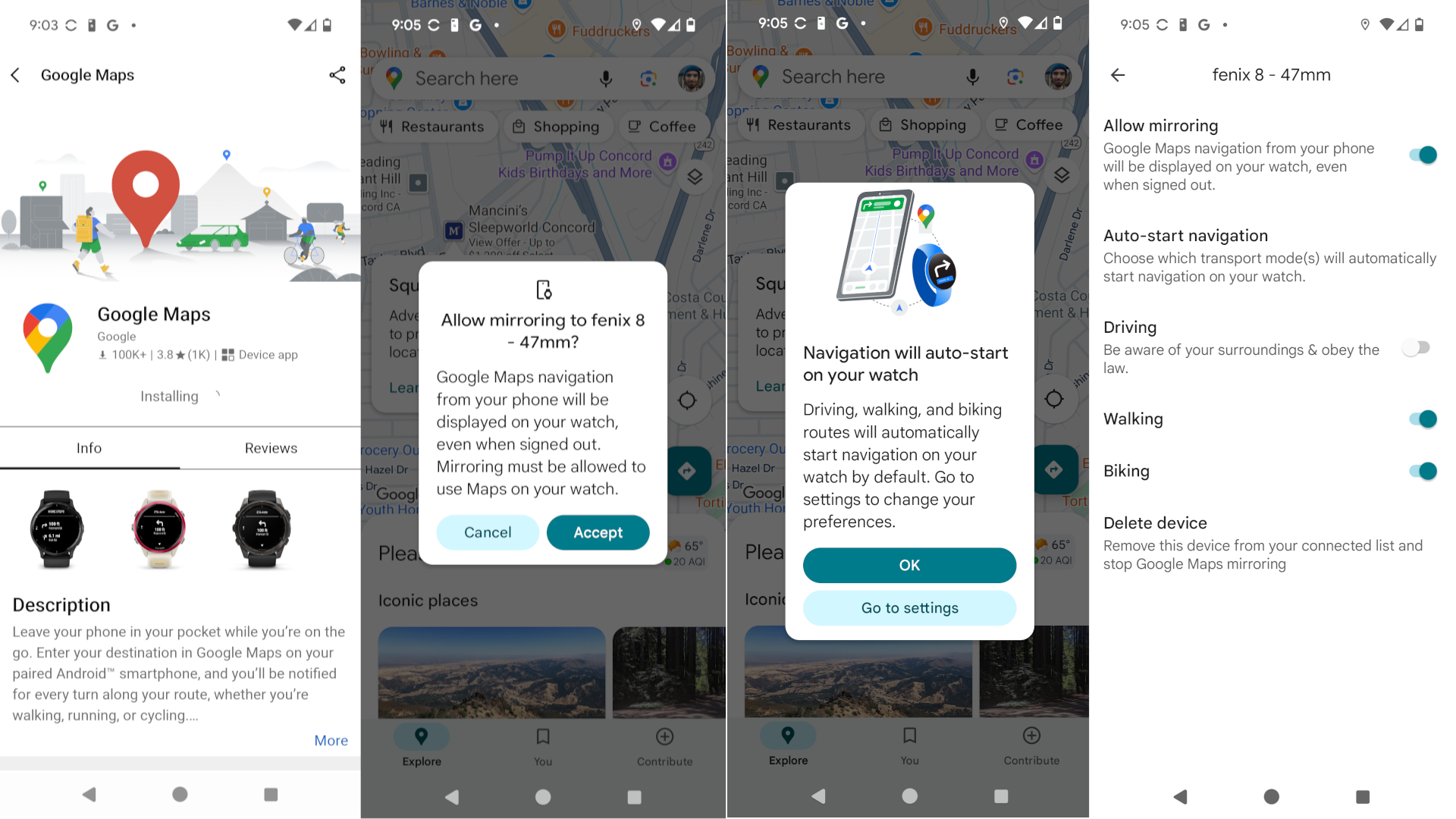 Four screenshots showing steps for installing Google Maps on a Garmin watch. The first shows the Connect IQ app's Google Maps page, with &quot;Installing&quot; shown; the second and third show Google Maps app screenshots with permission screens; the fourth shows the Google Maps settings page for Garmin watches.