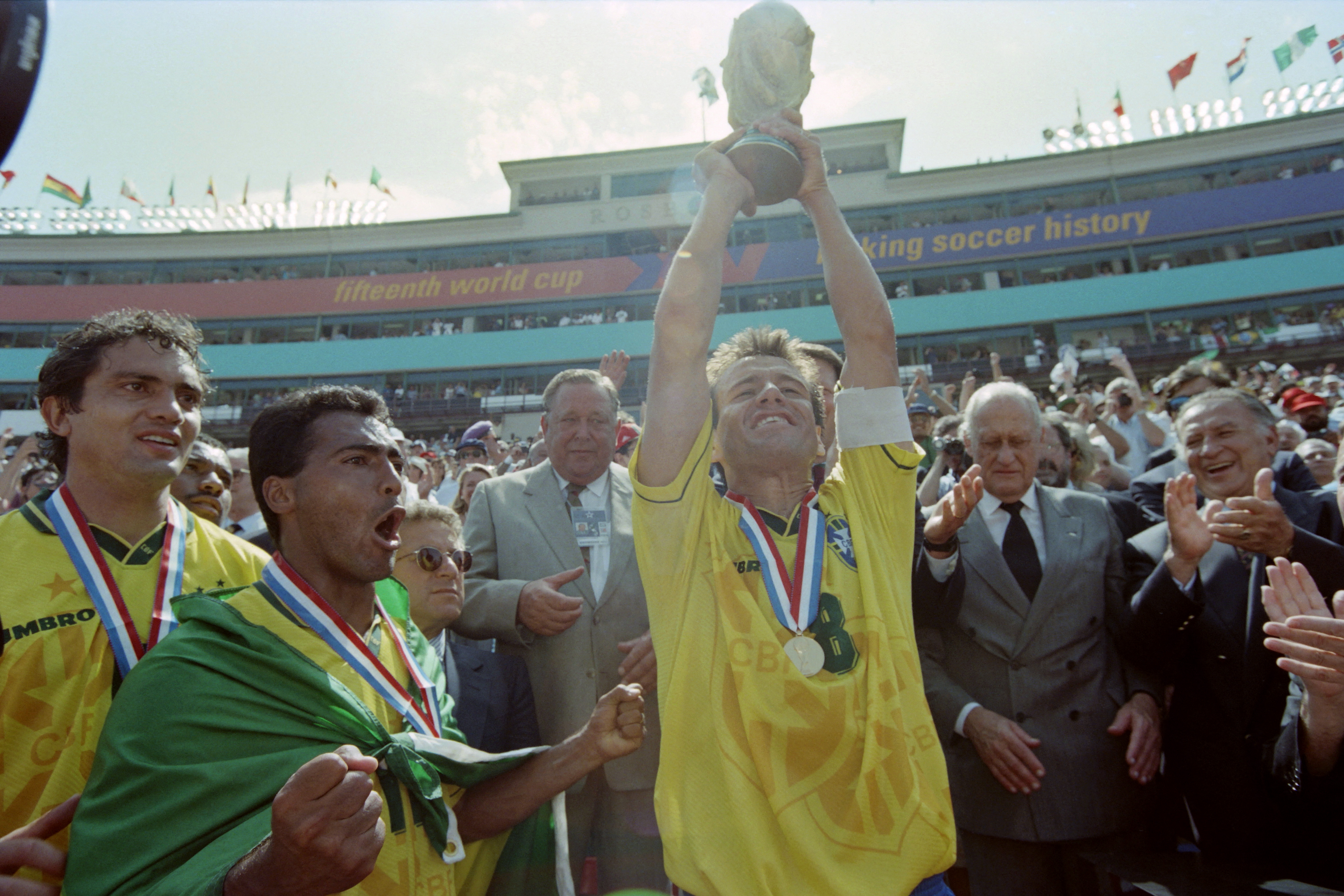 Dunga lifts the World Cup trophy after Brazil's World Cup final win over Italy on penalties in 1994.