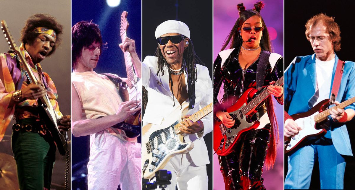 Iconic Strat players: [L-R] Jimi Hendrix, Jeff Beck, Nile Rodgers, H.E.R., Mark Knopfler