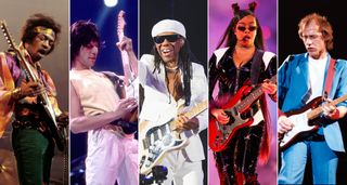 Iconic Strat players: [L-R] Jimi Hendrix, Jeff Beck, Nile Rodgers, H.E.R., Mark Knopfler