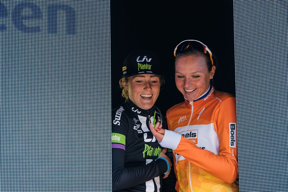 After you... Chantal Blaak and Floortje Mackaij squeeze onto the podium at Ronde van Drenthe