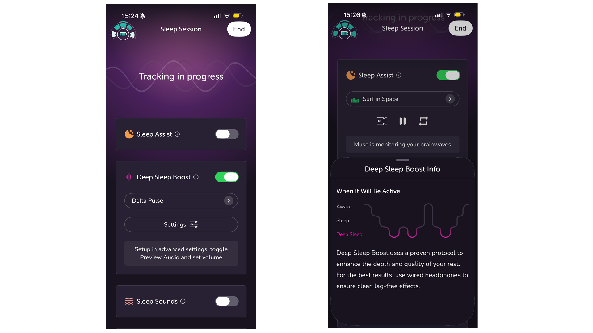 Two screenshots showing the Deep Sleep setting in the Muse app