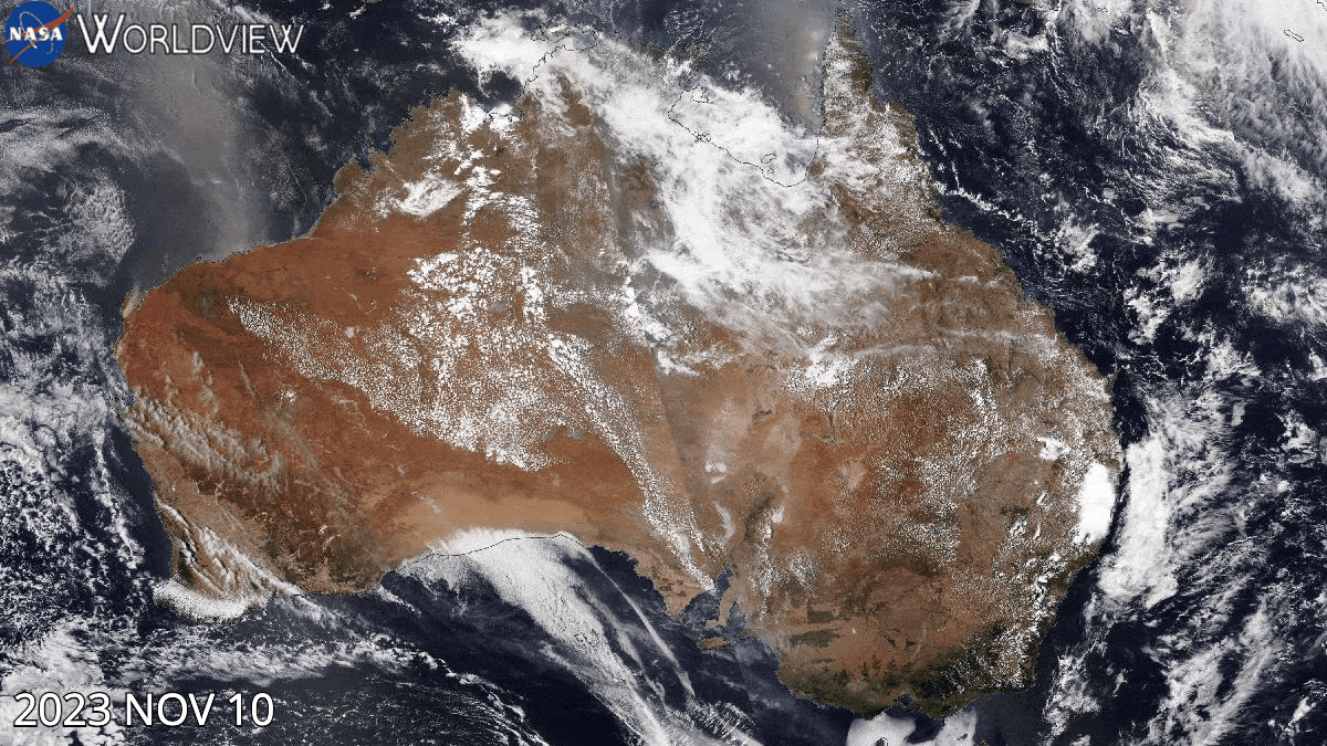 GIF 顯示白雲在幾天的時間裡穿過澳大利亞棕色大陸。