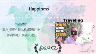 Illustration with "Happiness- synonyms, Traveling"