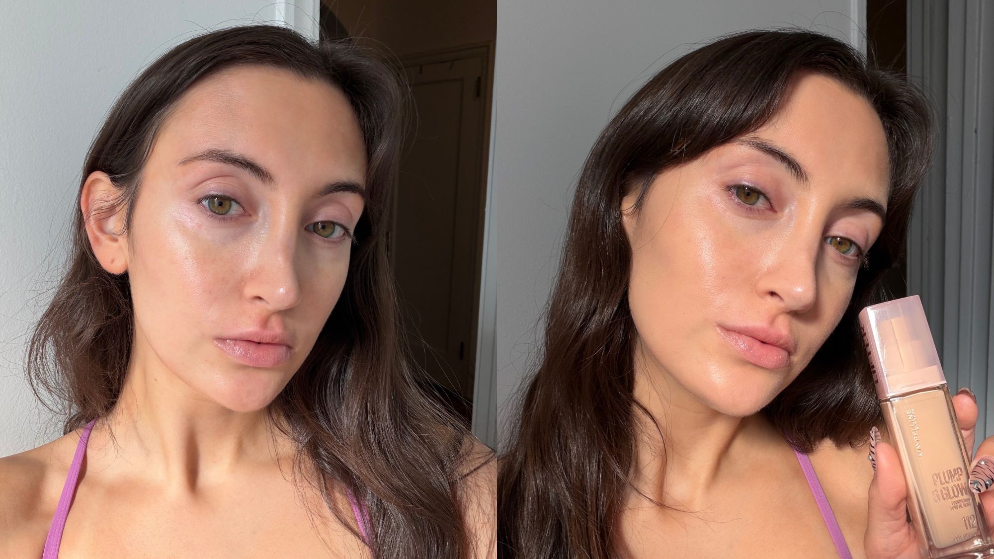 An image of Who What Wear associate beauty editor Alyssa Brascia before and after applying the Maybelline Plump &amp;amp; Glow Foundation.