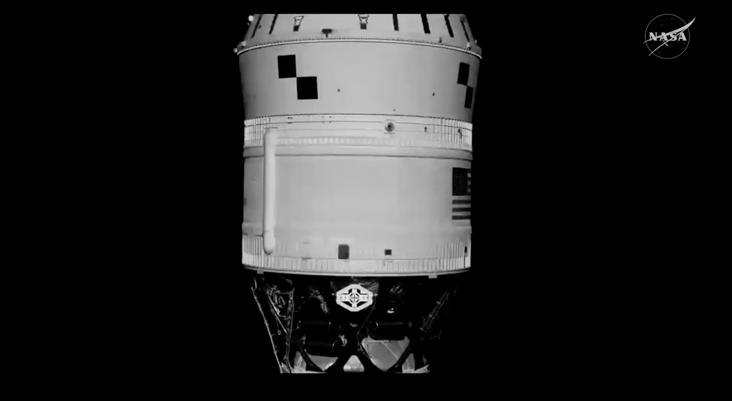 The upper stage of the Artemis 2 Space Launch System rocket, as seen by the Orion capsule's docking camera during proximity operations in Earth orbit on April 1, 2026.