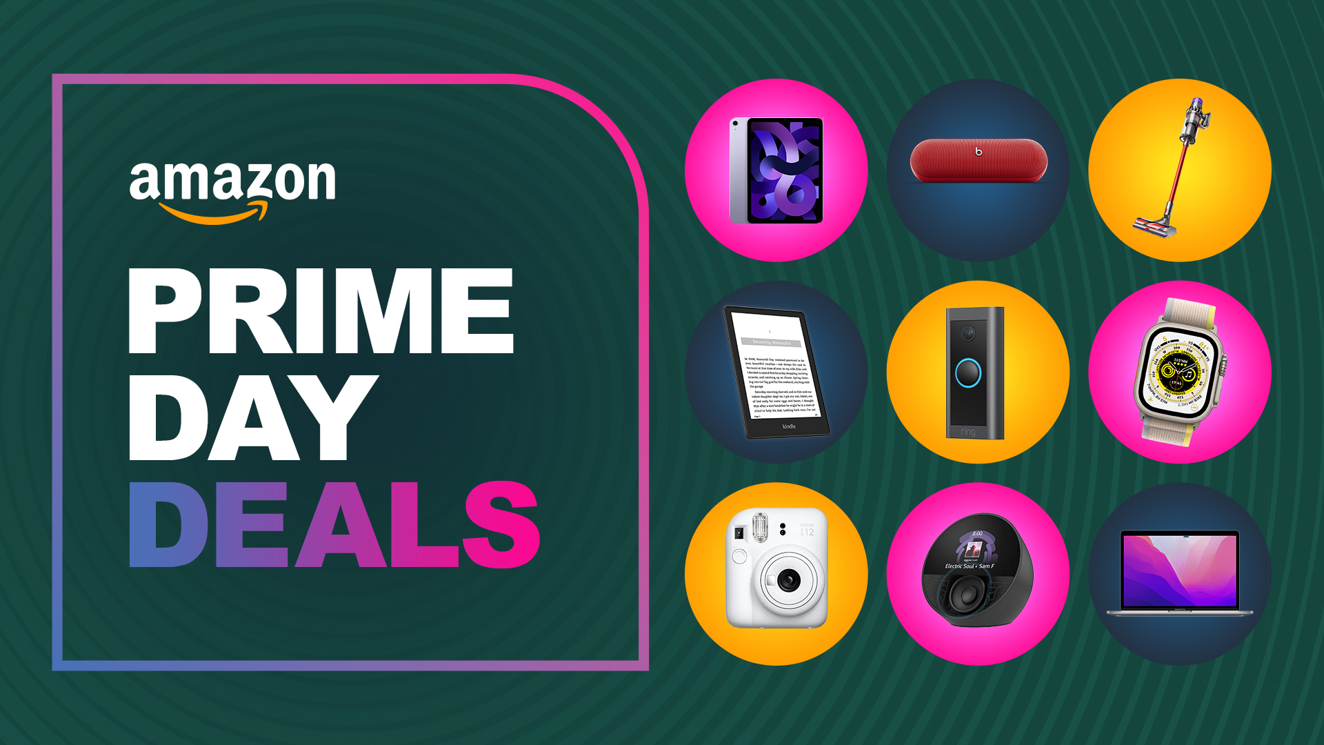 A collage of tech gadgets for Amazon Prime Day deals, including an iPad, a MacBook, Bluetooth speaker, smart speaker and more on a green background
