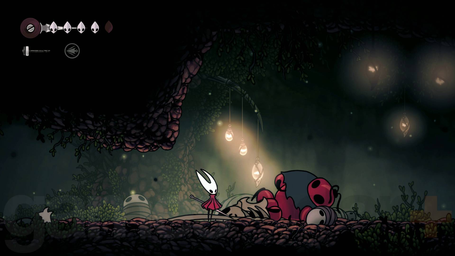 Hollow Knight Silksong Hornet standing over defeated Skarrgard red ant skull boss