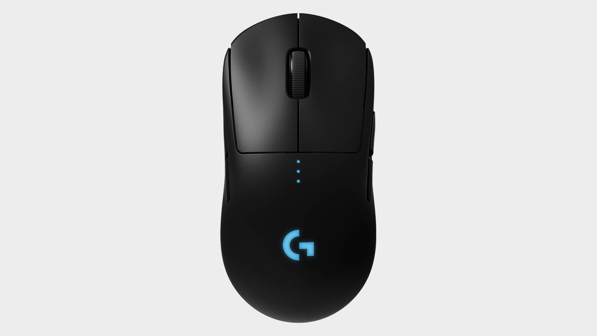 Logitech G Pro wireless gaming mouse on a grey background
