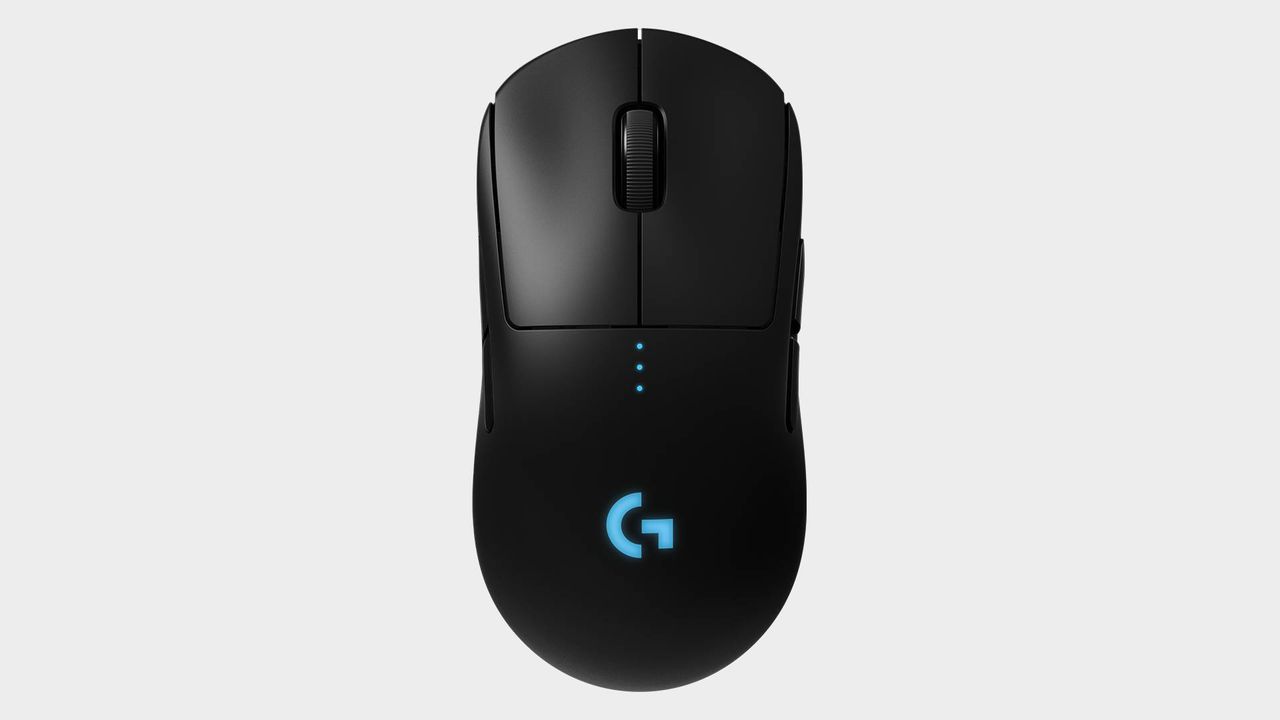 Logitech G Pro wireless gaming mouse on a grey background