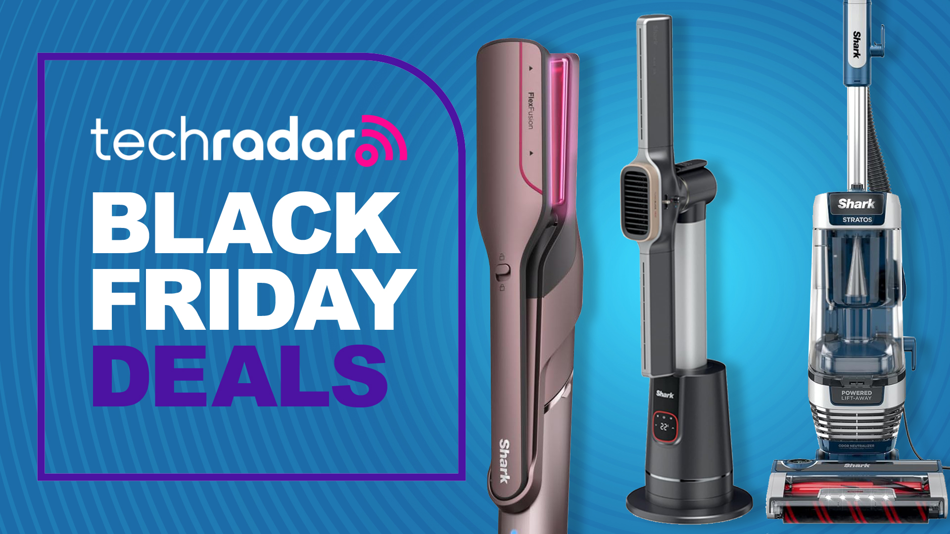 Shark products next to a graphic that says &#039;TechRadar Black Friday deals&#039;