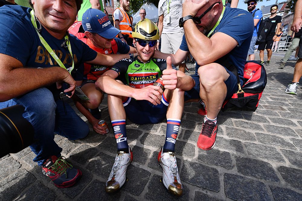 Matej Mohoric (Bahrain-Merida) celebrates winning BinckBank Tour