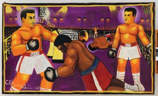 An image of a painting of the boxing match Ali vs Foreman, Kinshasa