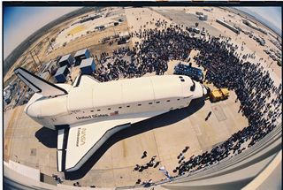 This image shows OV-105 being rolled out after the build at the Rockwell Palmdale facility on April 25, 1991.