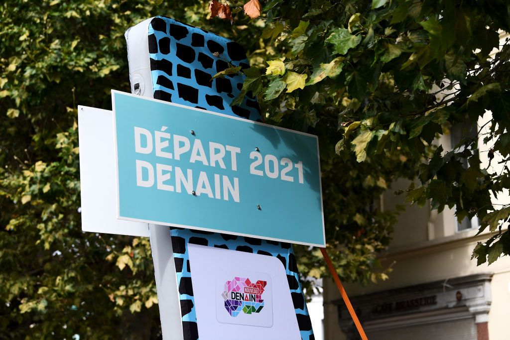 ROUBAIX FRANCE OCTOBER 02 Detail view of a sign marking the departure during the 1st ParisRoubaix 2021 Womens Elite a 1164km race from Denain to Roubaix ParisRoubaixFemmes ParisRoubaix on October 02 2021 in Roubaix France Photo by Tim de WaeleGetty Images