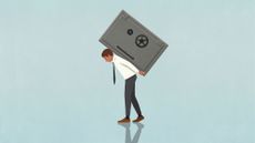Businessman carrying heavy vault on back against blue background 